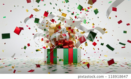 Explosive Surprise: 3D Rendered Gift Box Exploding with Geometric Shapes and Festive Colors 118918647