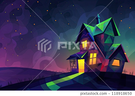 Mysterious Geometric Haunted House Illuminated by Glowing Window on Starry Night Sky Background 118918650