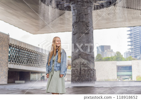 Female tourist exploring the National Museum of Anthropology in Mexico City. Cultural heritage and historical exploration concept 118918652