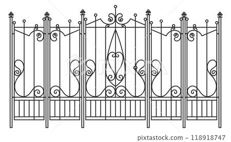 Vintage ornate railing. Forged iron decorative fence Vintage ornate railing. Forged iron decorative fence 118918747