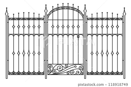 Forged fence. Vintage classic garden iron door 118918749
