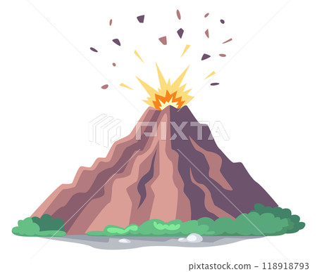 Volcano eruption cartoon illustration. Mountain with lava flows Volcano eruption cartoon illustration. Mountain with lava flows 118918793