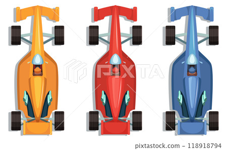 Race bolides set. Various color cars top view Race bolides set. Various color cars top view 118918794