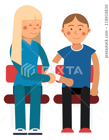 Nurse help injured patient with wound bandage icon Nurse help injured patient with wound bandage icon 118918830