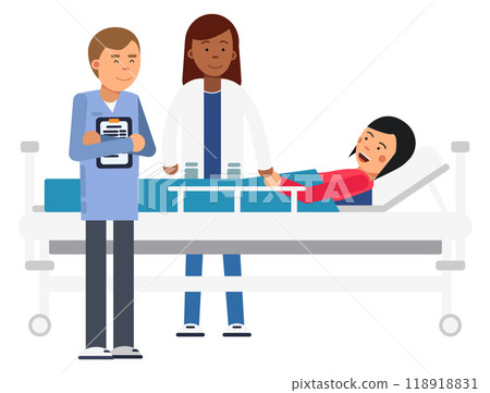 Patient lay on hospital bed with doctor and nurse around 118918831