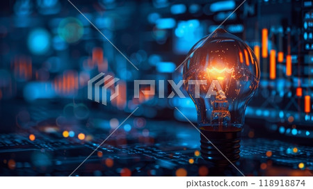 A light bulb is lit up in a blue and orange background 118918874