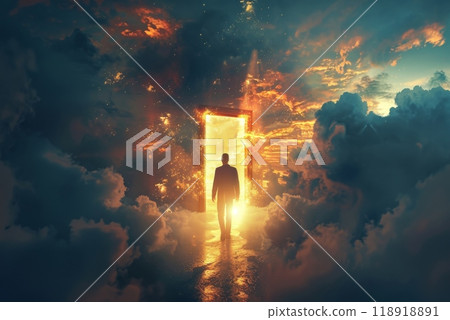 A man is walking through a doorway in a dark, stormy sky 118918891