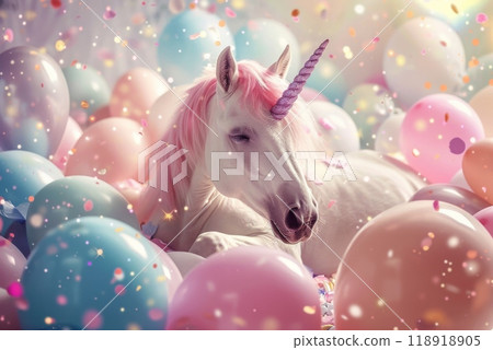 A unicorn cake with rainbow frosting sits on a white plate on a table 118918905