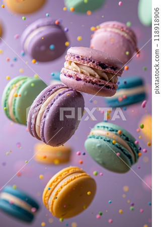 A colorful assortment of macarons are flying through the air 118918906
