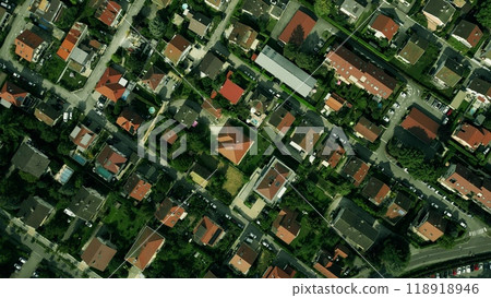 Aerial overhead shot of upper class homes and gardens in Annecy. Haute-Savoie, France 118918946