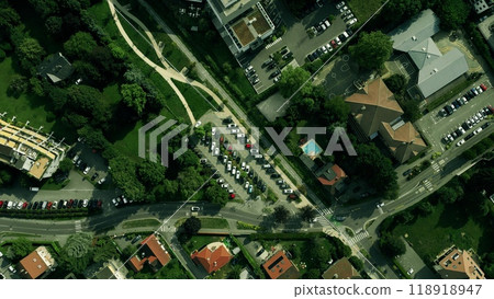Aerial overhead shot of a parking full of cars in residential area. Annecy, France 118918947