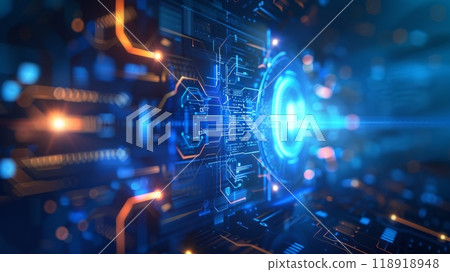 A futuristic space with a blue hologram screen in the center. The technology background 118918948