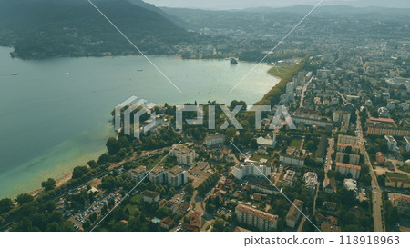 Aerial shot of Annecy, the waterfront area, France 118918963