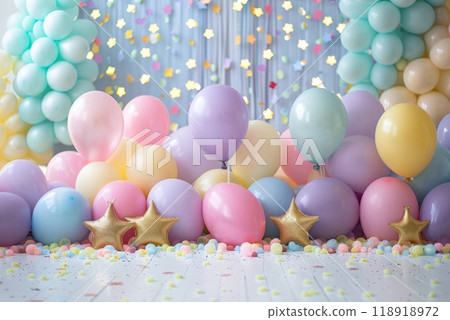 A colorful room with a lot of balloons and stars 118918972