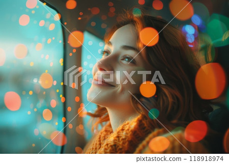A woman with red hair is smiling and surrounded by a cloud of colorful balls 118918974