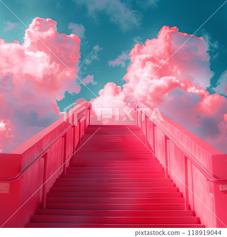 A pink sky with a staircase in the clouds 118919044