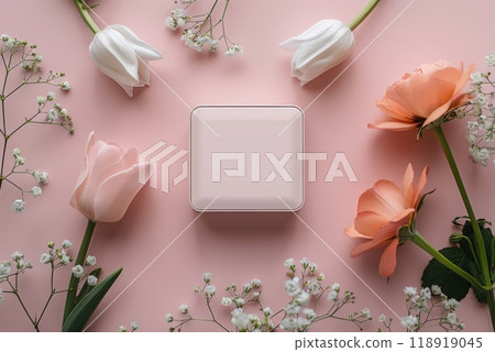 A white box with a pink background and a rose on it A white box with a pink background and a rose on it 118919045