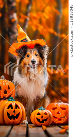Halloween cute Shetland Sheepdog Sheltie Collie puppy dog, carved jack-o'-lanterns, pumpkin, banner copy space vertical 118919046