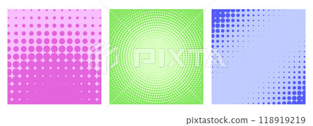 Colorful geometric halftone patterns in pink, green, and blue arranged in three square panels. Vector illustration Colorful geometric halftone patterns in pink, green, and blue arranged in three square panels. Vector illustration 118919219