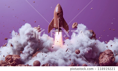 A rocket is flying through a cloud of dust and debris. Business Startup concept 118919221