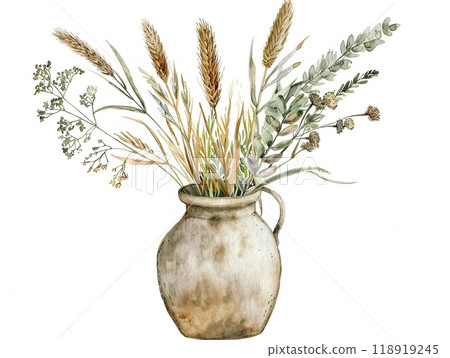 The pottery vase displays a beautiful arrangement of dried wildflowers and grasses, adding a touch of nature and rustic charm to a cozy indoor space. 118919245