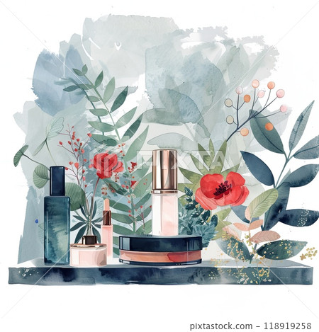 Various skincare products are artistically arranged among colorful flowers and greenery, creating a serene and inviting atmosphere filled with natural beauty. 118919258
