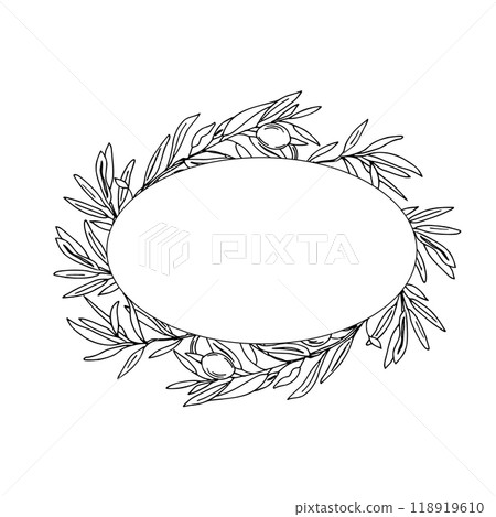 Olive Oval Frame, Wreath with Olive Branches and Fruits isolated on white background. Ink vector illustration For Logos, Wedding Invitations, Save the date and greeting cards. 118919610