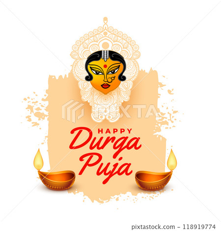 happy durga puja greeting background with diya and goddess face design 118919774