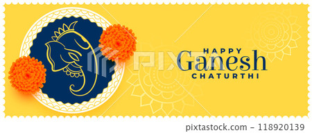 decorative hindu festival ganesh chaturthi traditional yellow banner 118920139