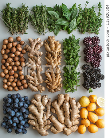 A colorful assortment of fruits and vegetables, including oranges, lemons 118920504