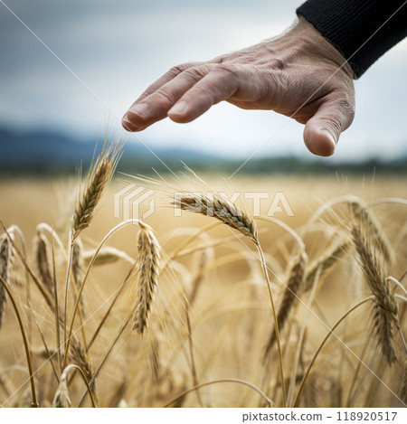 Closeup view of male hand making a protective gesture above golden ripening ears of wheat growing in the field Closeup view of male hand making a protective gesture above golden ripening ears of wheat growing in the field 118920517