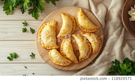 A plate of small, golden pastries sits on a wooden table 118920571