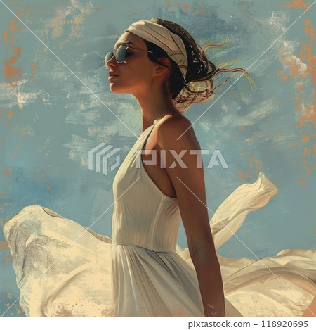A woman stands confidently in a flowing white dress, her hair gently blowing in the wind, as she gazes towards the horizon. The bright blue sky serves as a perfect backdrop for the moment. A woman stands confidently in a flowing white dress, her hair gently blowing in the wind, as she gazes towards the horizon. The bright blue sky serves as a perfect backdrop for the moment. 118920695