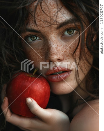 A young woman with curly hair and striking freckles gently holds a shiny red apple close to her face, exuding a serene and contemplative mood. A young woman with curly hair and striking freckles gently holds a shiny red apple close to her face, exuding a serene and contemplative mood. 118920707