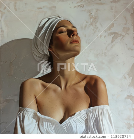 A woman is captured in a moment of tranquility with her eyes closed and head tilted back, emanating calmness as soft light highlights her features against a neutral backdrop. A woman is captured in a moment of tranquility with her eyes closed and head tilted back, emanating calmness as soft light highlights her features against a neutral backdrop. 118920754