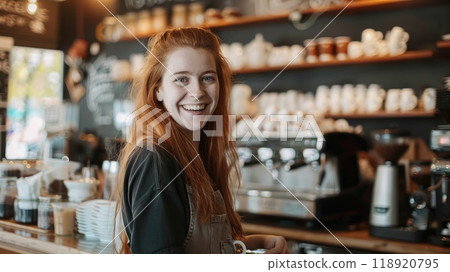A barista with long red hair prepares coffee drinks behind the counter, smiling at customers while surrounded by coffee equipment and an inviting atmosphere. 118920795
