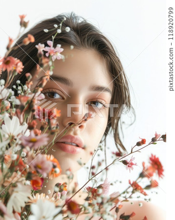 A young woman gazes softly towards the viewer, framed by an array of vibrant flowers, creating a delicate and calm atmosphere in a bright room. 118920799