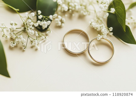 Two simple gold wedding rings placed among delicate white flowers on a light background during a romantic celebration 118920874