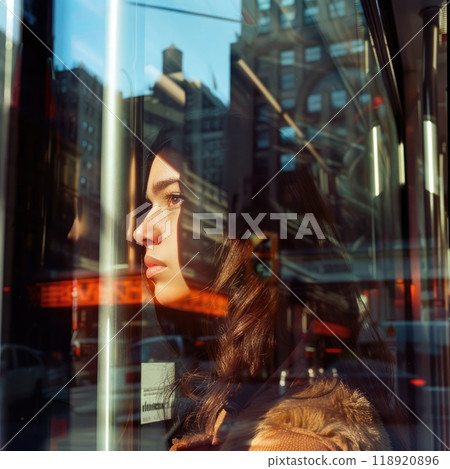 A young woman sits quietly by the bus window, her face illuminated by the afternoon sun, reflecting on the bustling city filled with vibrant lights. 118920896