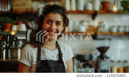 A friendly barista stands in a bustling café, smiling warmly as she prepares drinks and greets customers in a relaxed afternoon setting filled with rustic decor. 118920903