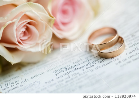 Vintage wedding rings resting on handwritten vows beside soft pink roses in natural light 118920974
