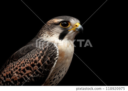 A close up view of a peregrine falcon showcasing its striking features against a dark background A close up view of a peregrine falcon showcasing its striking features against a dark background 118920975