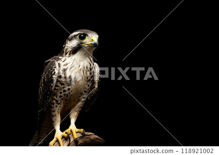 A majestic falcon perched on a branch against a dark background showcasing its striking features and keen gaze 118921002