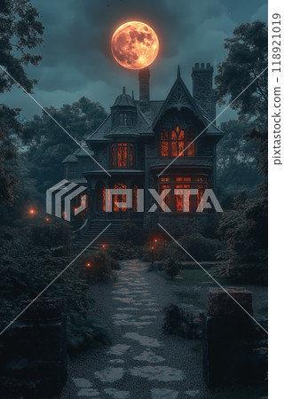 Victorian haunted mansion under a blood moon with eerie atmosphere in a dark forest. AI Generative 118921019