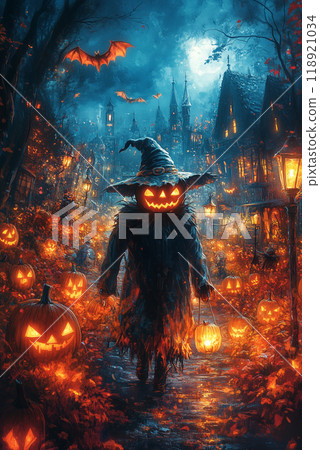 Halloween scarecrow surrounded by glowing pumpkins in a haunted village. AI Generative 118921034