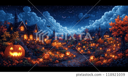 Halloween haunted house surrounded by glowing pumpkins and spooky atmosphere. AI Generative 118921039