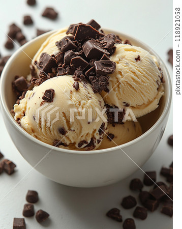 A bowl of ice cream with chocolate chips on top 118921058