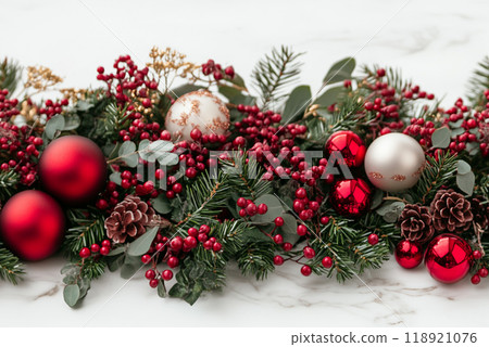 A Christmas wreath with red and white ornaments and pine cones 118921076