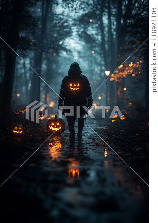Mysterious figure with Jack-o'-lanterns in a dark haunted forest on Halloween night. AI Generative 118921103
