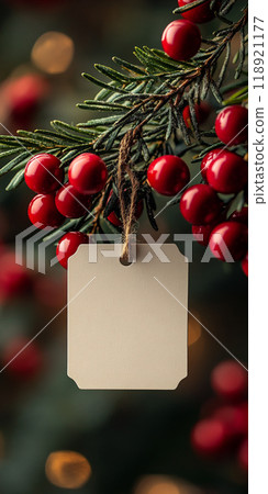 A white tag hangs from a red berry bush 118921177